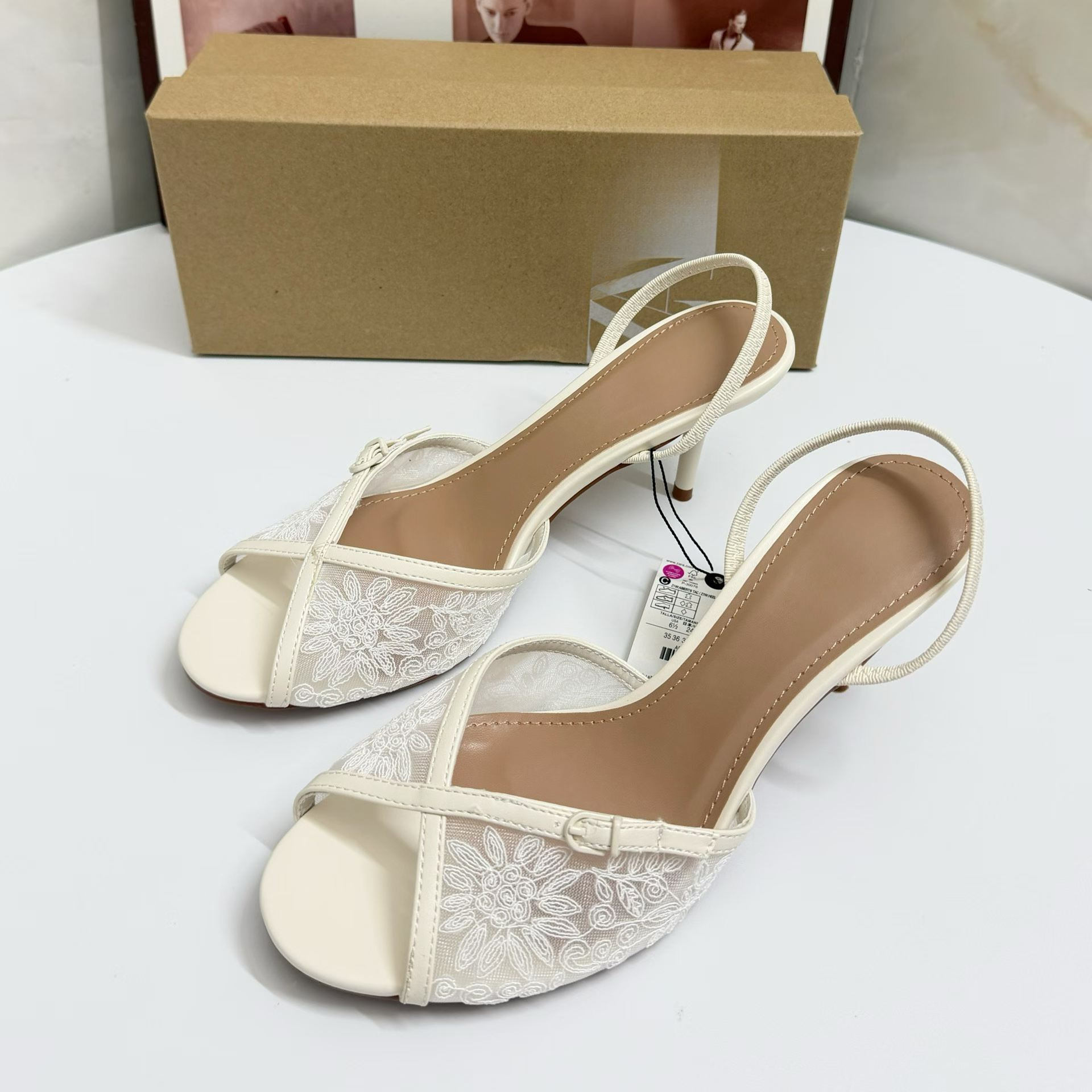 JHC-HB-190 | Embroidered Slingback Round-Toe Stiletto Heel Dress Sandal angle 2