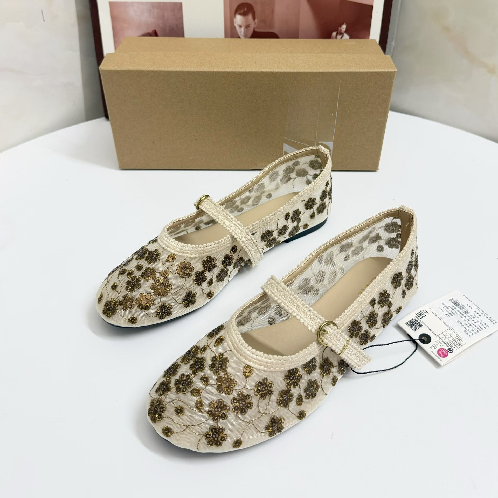 JHC-HB-246 | Embroidered Breathable Mesh Flat Ballet Flat angle 2