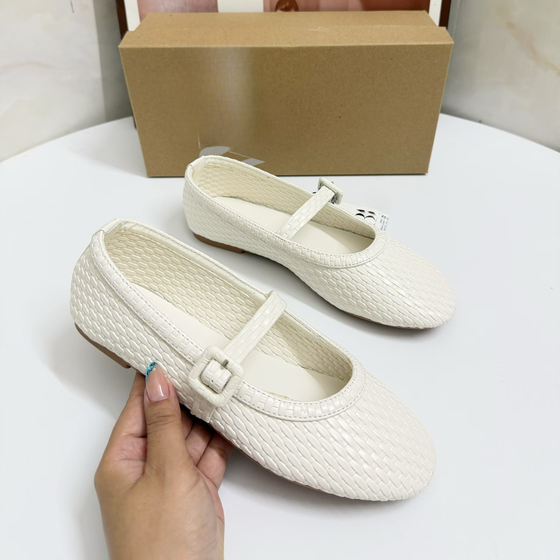 JHC-HB-161 | Metal Buckle Woven Cutout Flat Ballet Flat angle 3