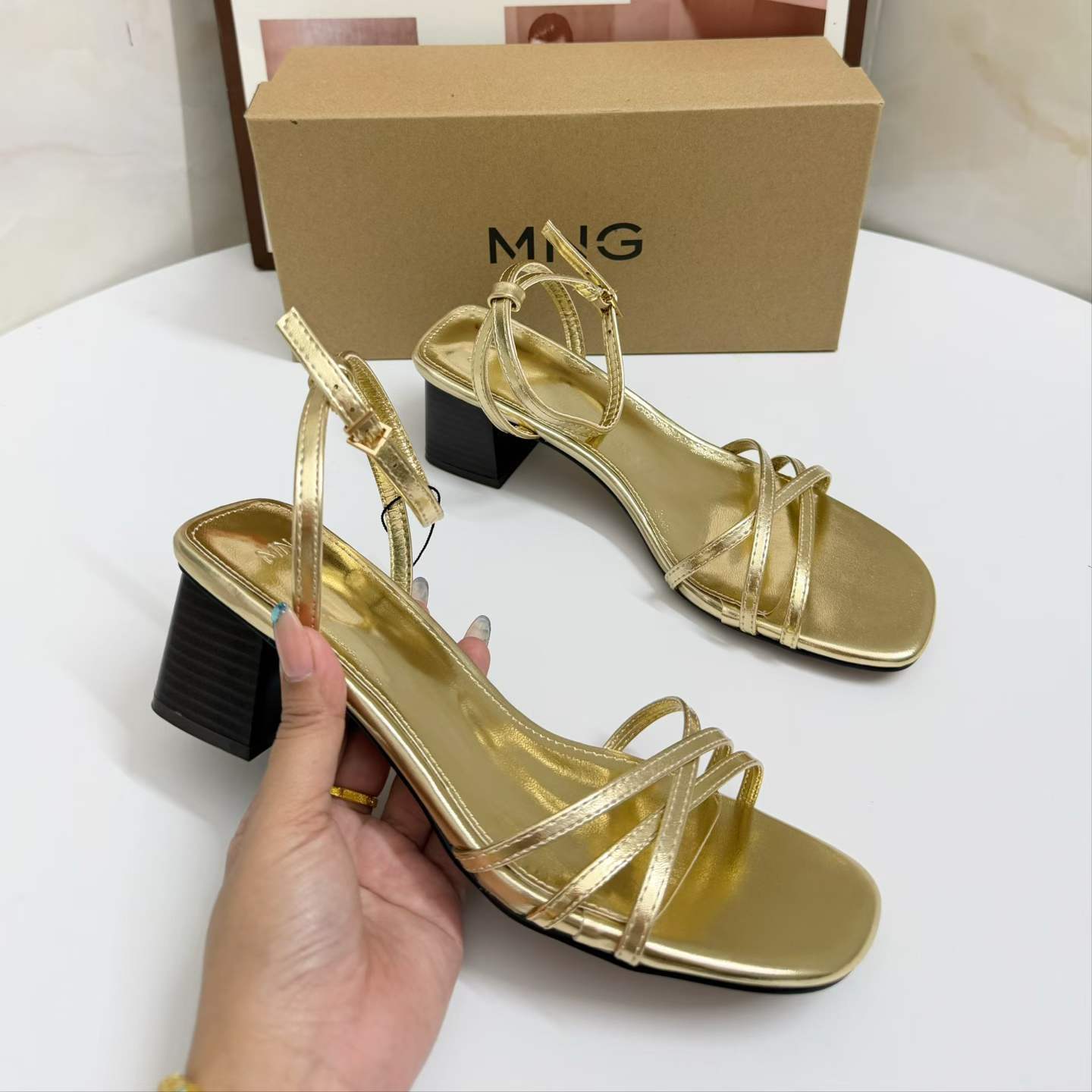 JHC-HB-211 | Metal Buckle Metallic Gold Open-Toe High-Heel Gladiator Sandal angle 3