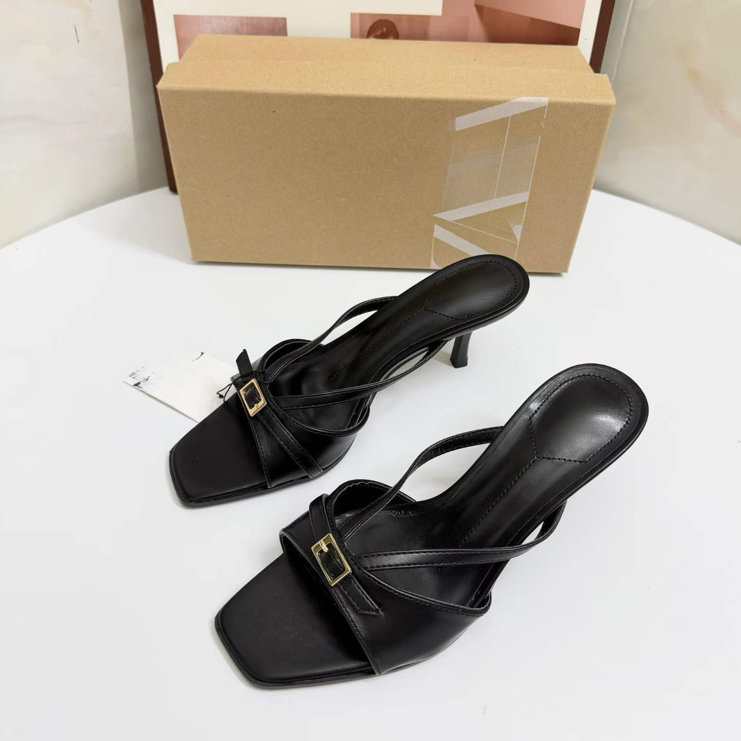 JHC-HB-087 | Metal Buckle Square-Toe Stiletto Heel Heeled Slide angle 2