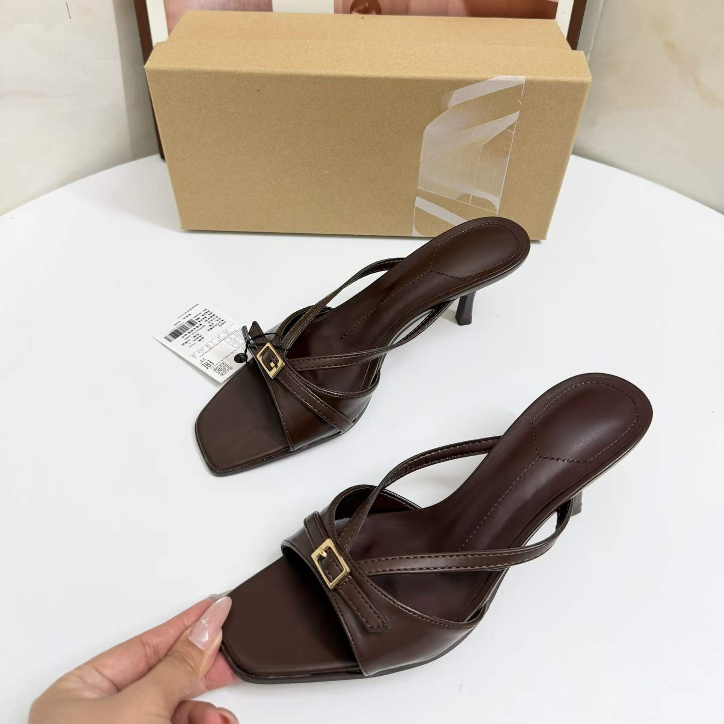 JHC-HB-087 | Metal Buckle Square-Toe Stiletto Heel Heeled Slide angle 3