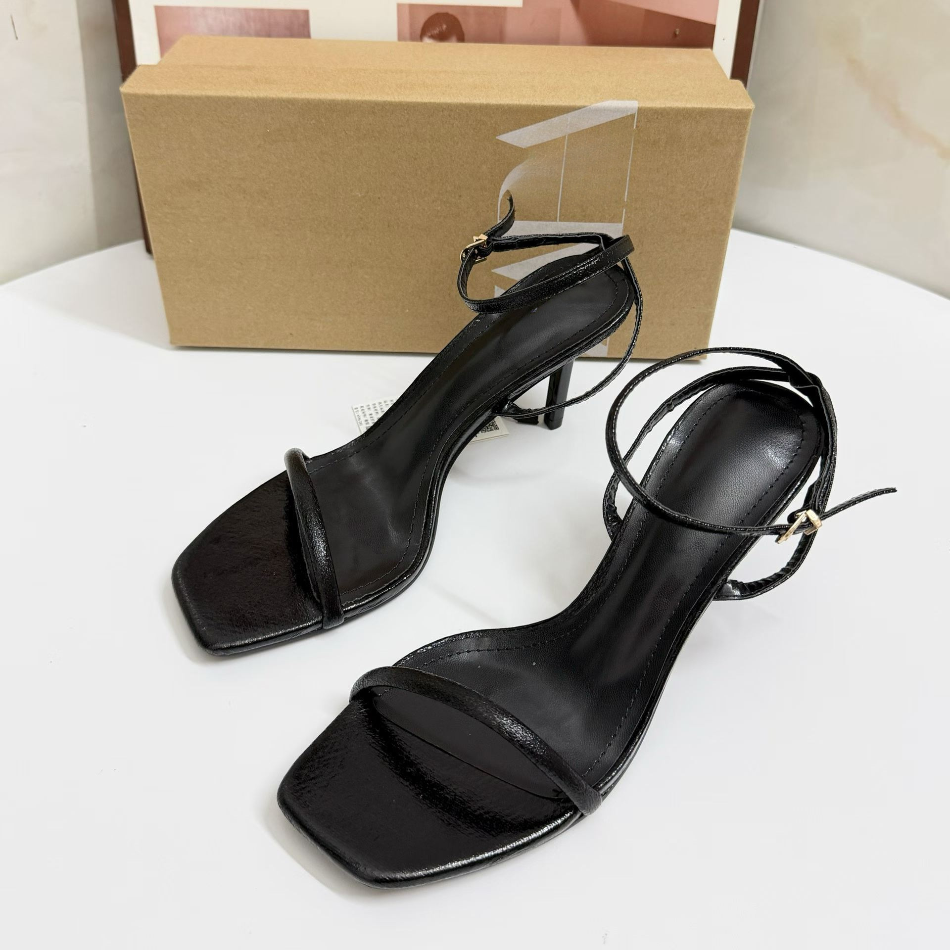 JHC-HB-044 | Metal Buckle Minimalist Strap Square-Toe Stiletto Heel Dress Sandal angle 2