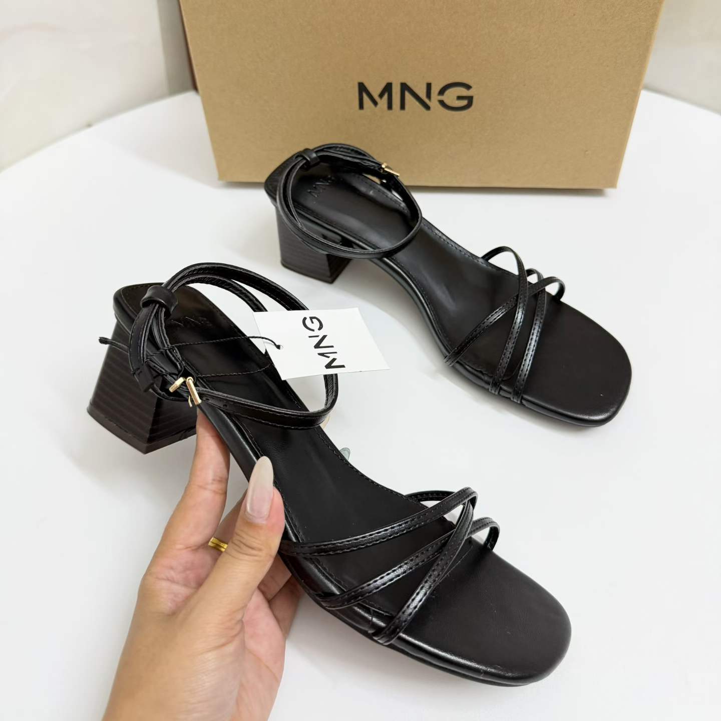 JHC-HB-177 | Metal Buckle Crisscross Straps Square-Toe Block Heel Dress Sandal angle 3