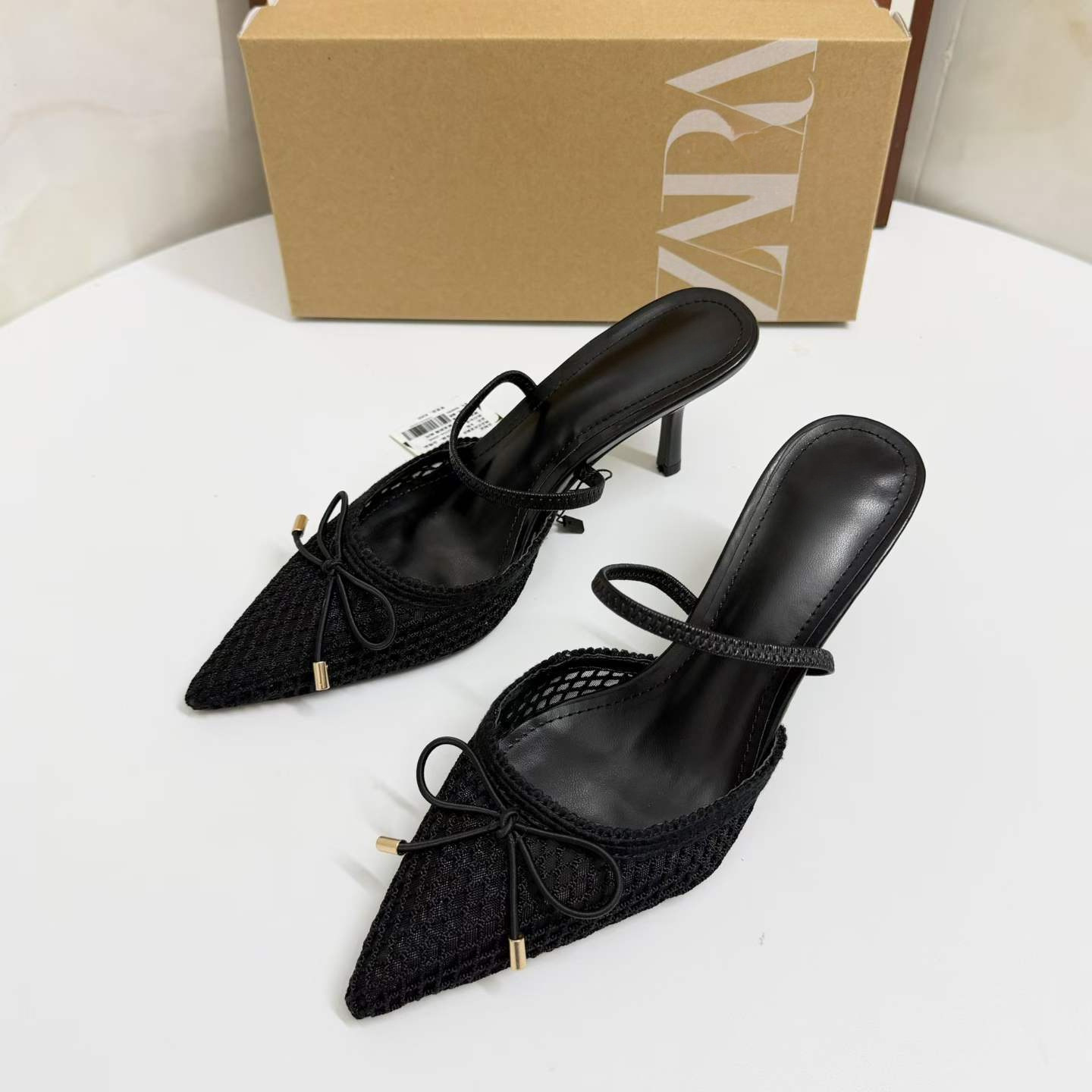 JHC-HB-286 | Woven Cutout Bow Detail Pointed-Toe High-Heel Mule Slide angle 2