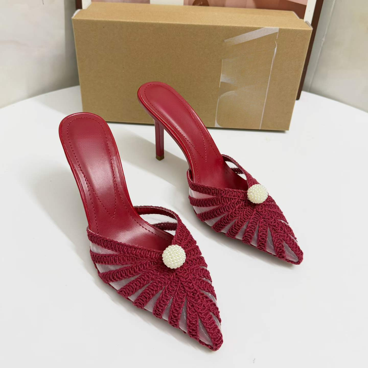JHC-HB-043 | Rhinestone Embellished Woven Cutout Pointed-Toe Mule Slide angle 2