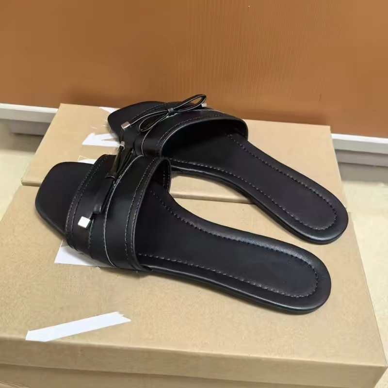 JHC-HB-223 | Metal Buckle Bow Detail Square-Toe Flat Casual Slide Slipper angle 2