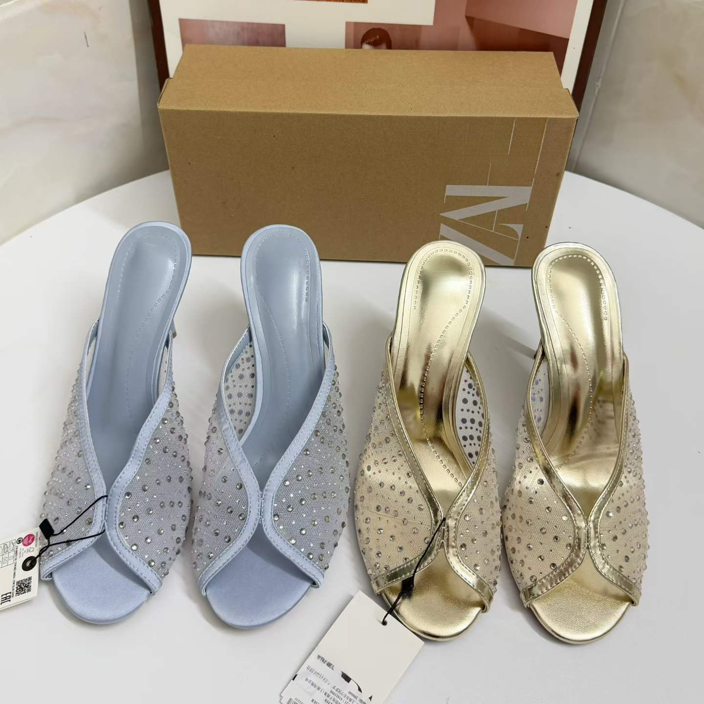 JHC-HB-174 | Rhinestone Embellished Breathable Mesh Open-Toe Stiletto Heel Heeled Slide - Fujian Jinhongchang Sports Goods Co., Ltd.