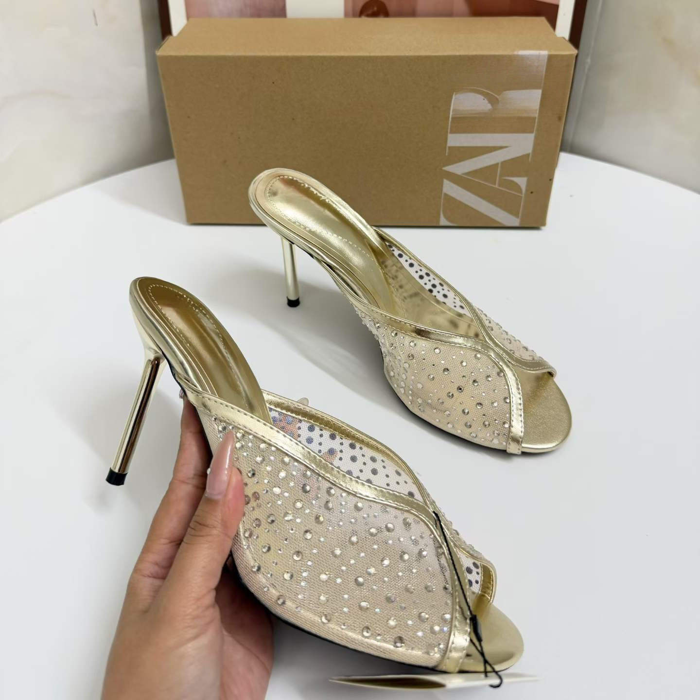 JHC-HB-174 | Rhinestone Embellished Breathable Mesh Open-Toe Stiletto Heel Heeled Slide angle 3