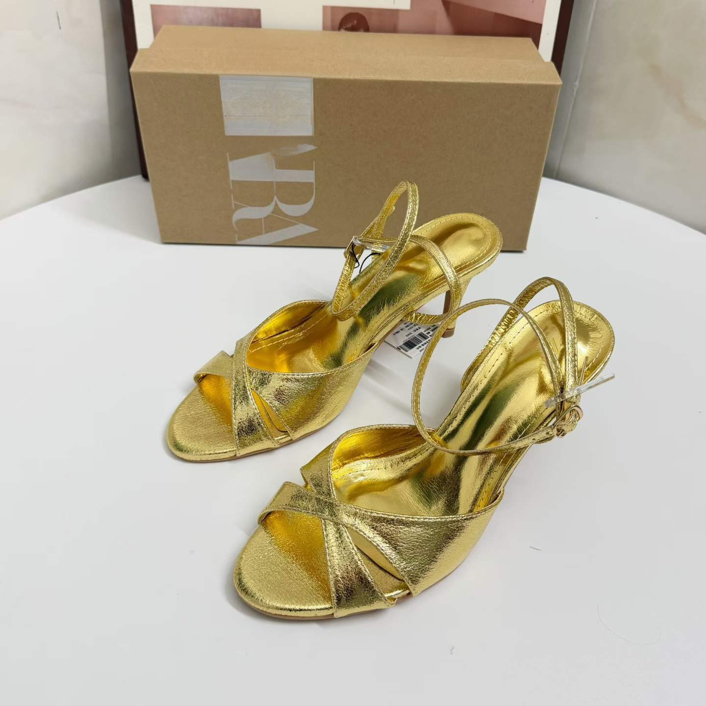 JHC-HB-187 | Metal Buckle Metallic Gold Open-Toe Stiletto Heel Dress Sandal angle 2