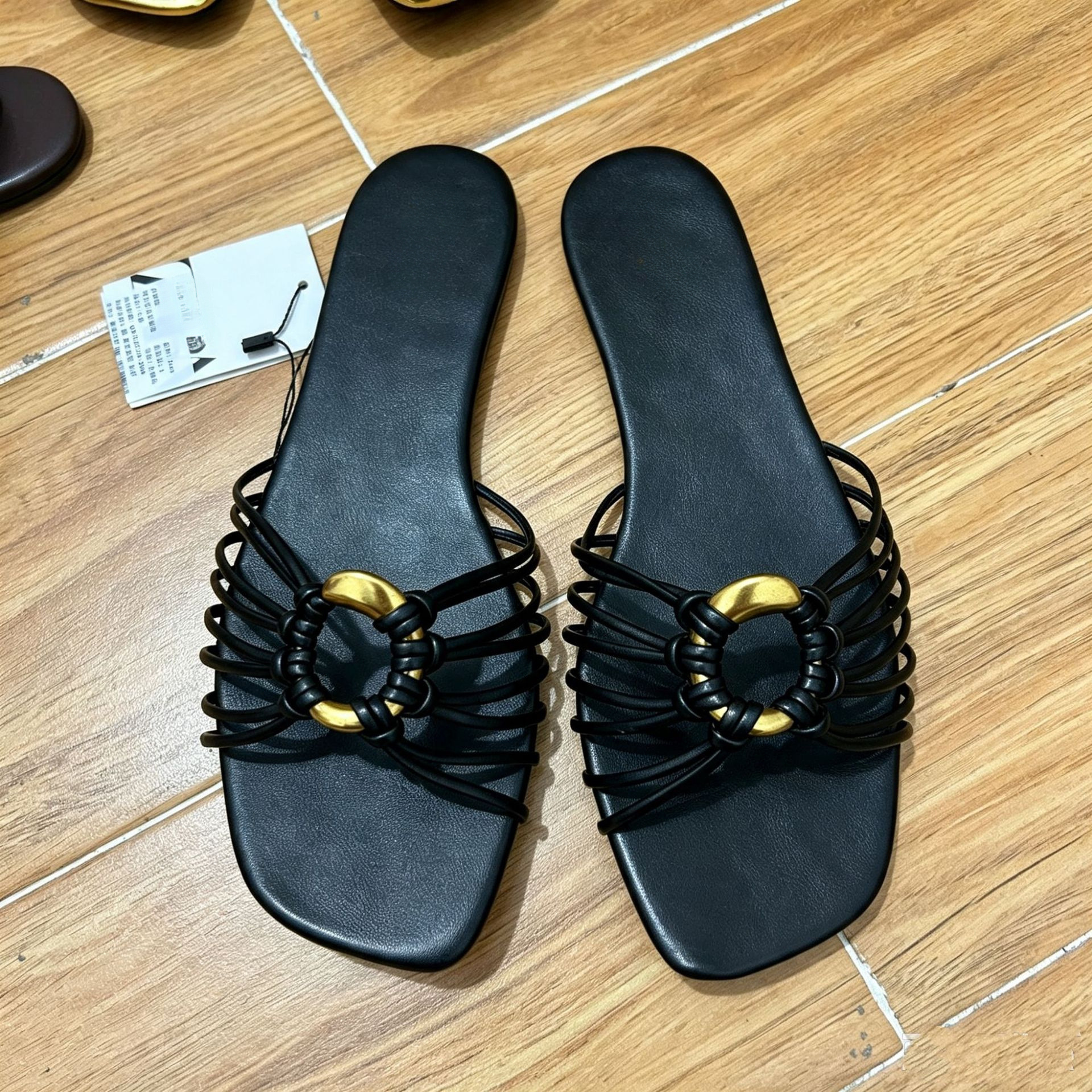 JHC-HB-104 | Metal Buckle Woven Cutout Square-Toe Flat Casual Slide Slipper angle 3