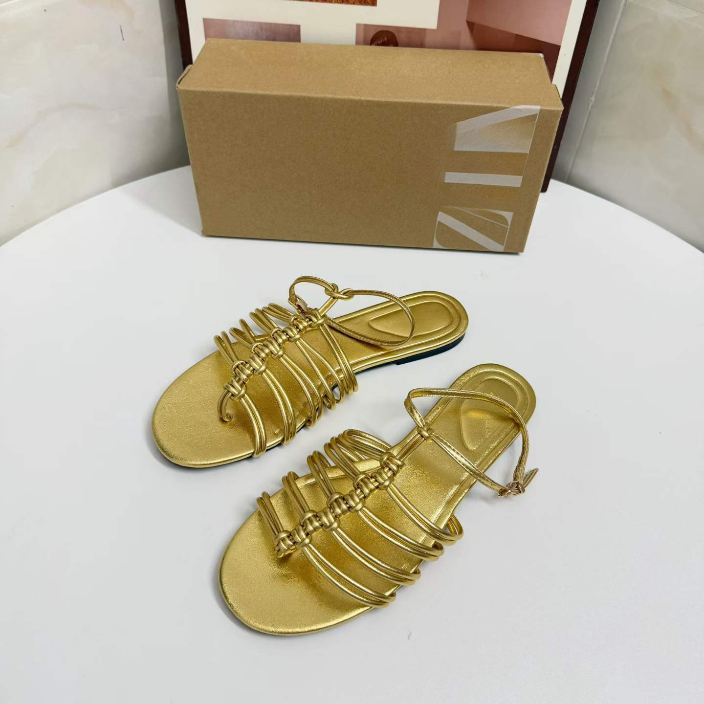 JHC-HB-201 | Metal Buckle Metallic Gold Flat Gladiator Sandal angle 3