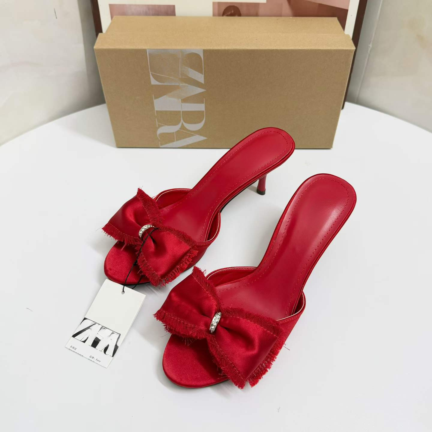 JHC-HB-154 | Rhinestone Embellished Bow Detail Pointed-Toe Stiletto Heel Mule Slide angle 2