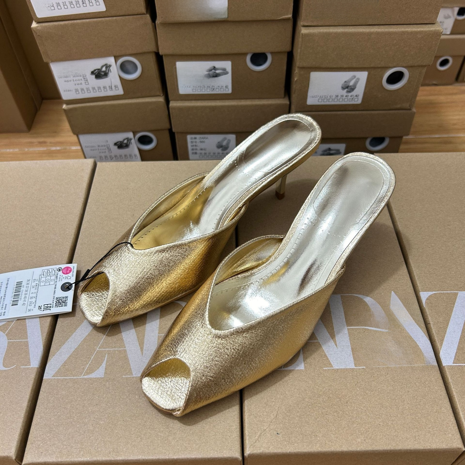 JHC-HB-221 | Metallic Gold Open-Toe Stiletto Heel Mule Slide angle 2
