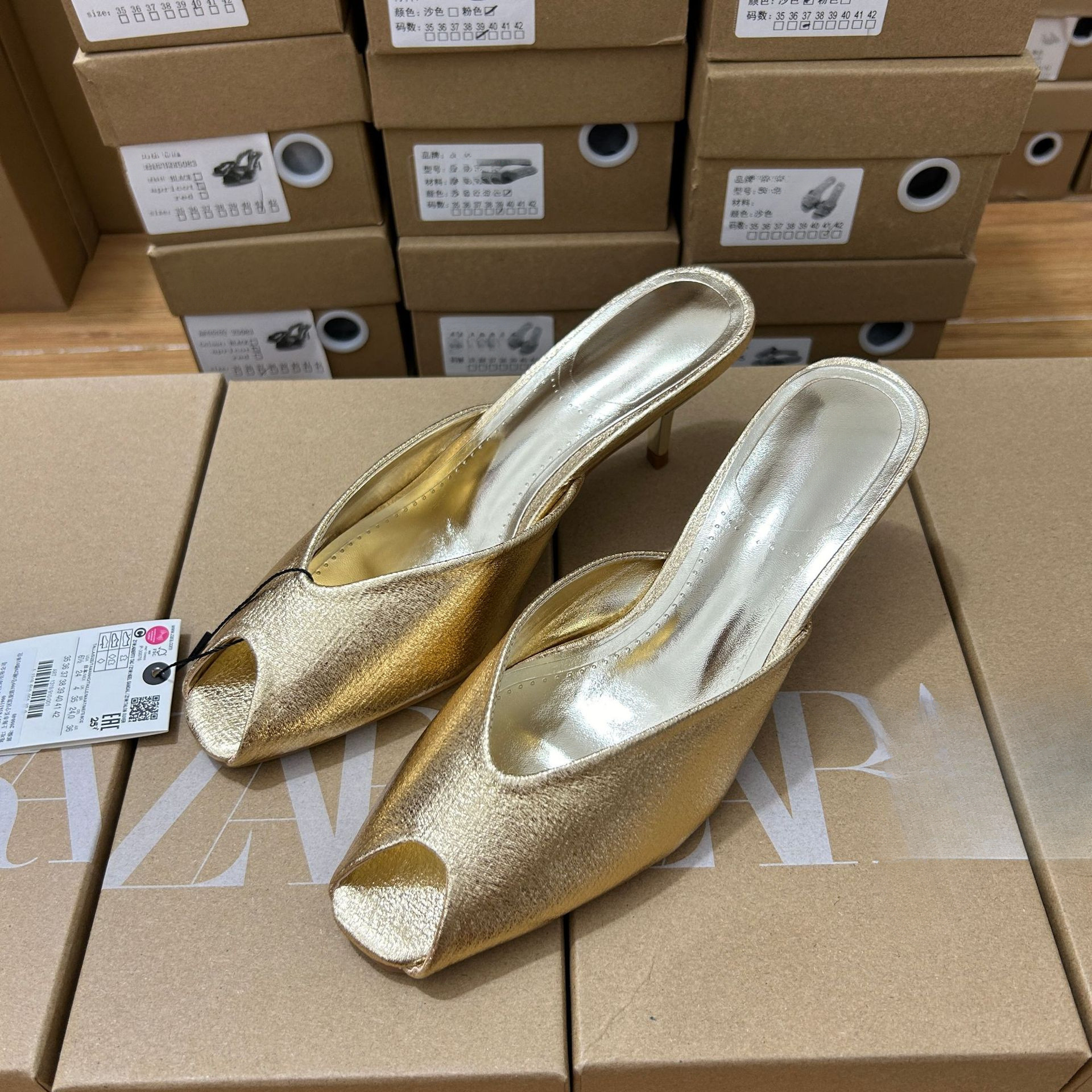 JHC-HB-221 | Metallic Gold Open-Toe Stiletto Heel Mule Slide angle 3