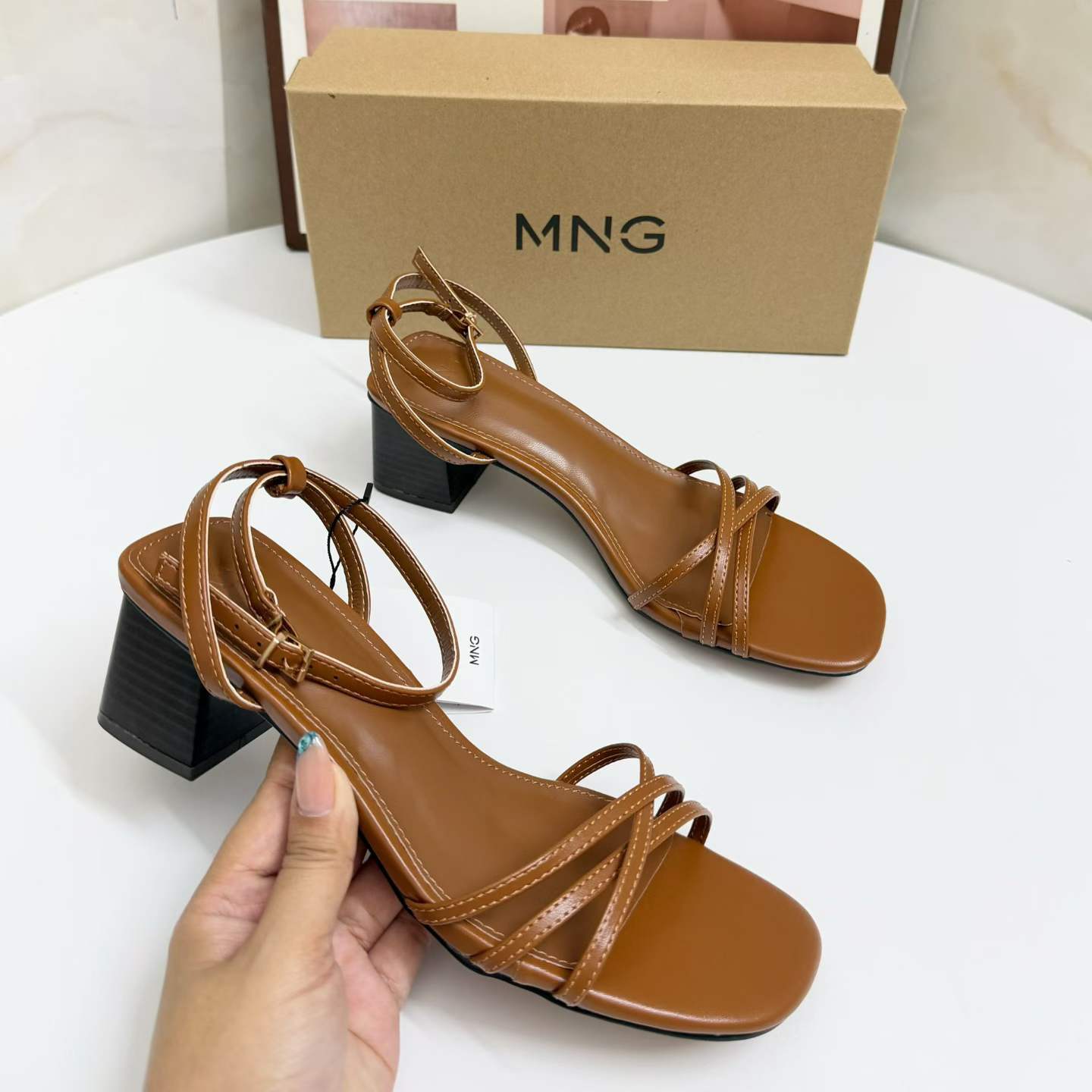 JHC-HB-279 | Metal Buckle Crisscross Straps Square-Toe Block Heel Dress Sandal angle 2