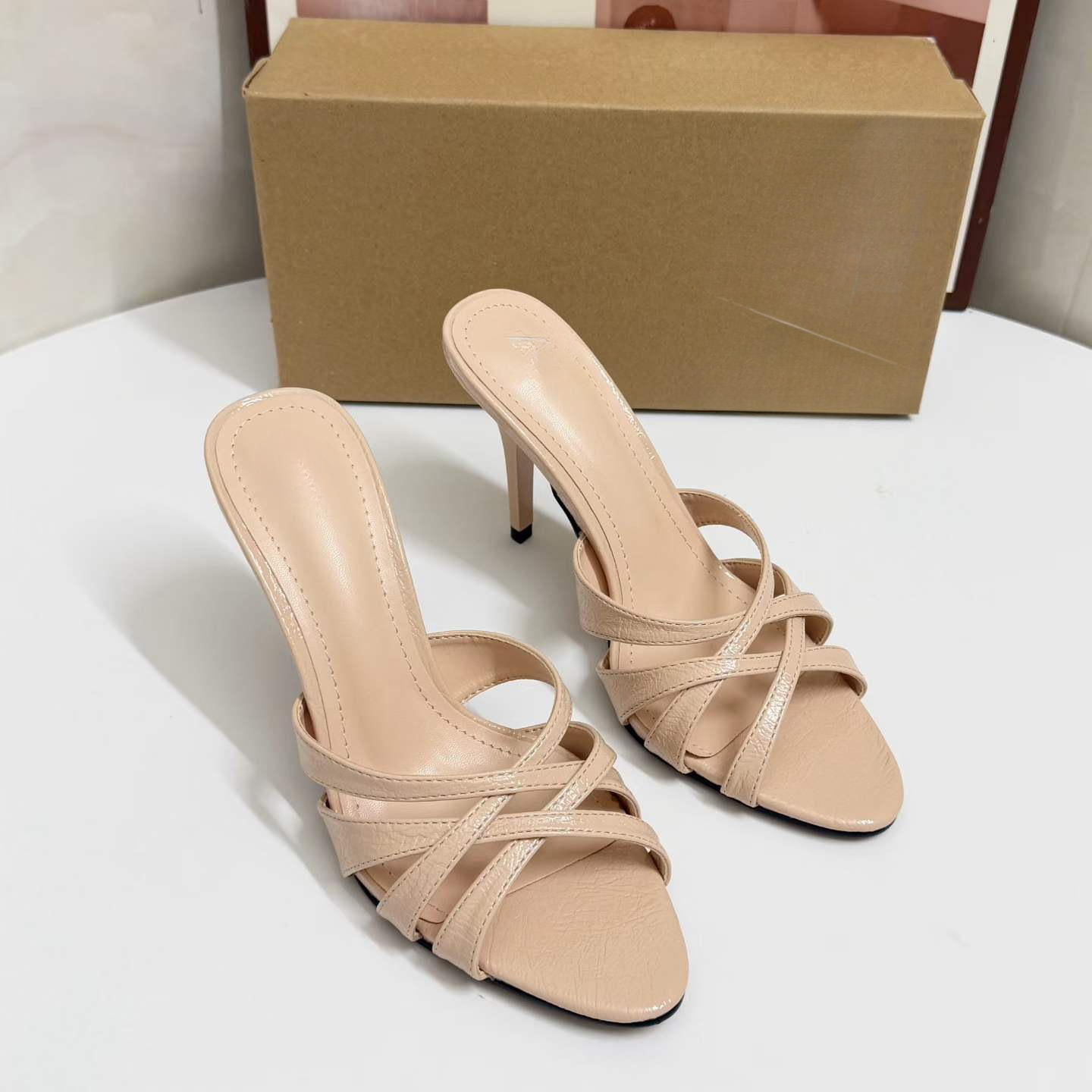 JHC-HB-277 | Woven Cutout Crisscross Straps Stiletto Heel Mule Slide angle 3