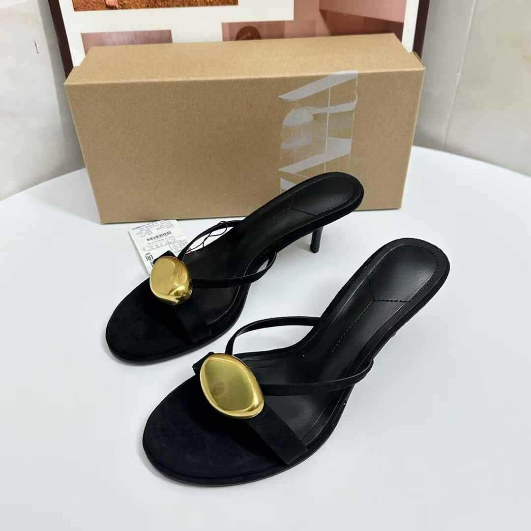 JHC-HB-042 | Metal Buckle Minimalist Strap Round-Toe High-Heel Heeled Slide angle 2