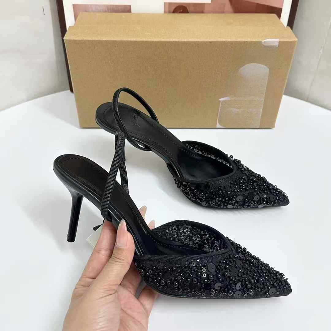 JHC-HB-005 | Rhinestone Embellished Breathable Mesh Pointed-Toe Stiletto Heel Dress Sandal angle 2