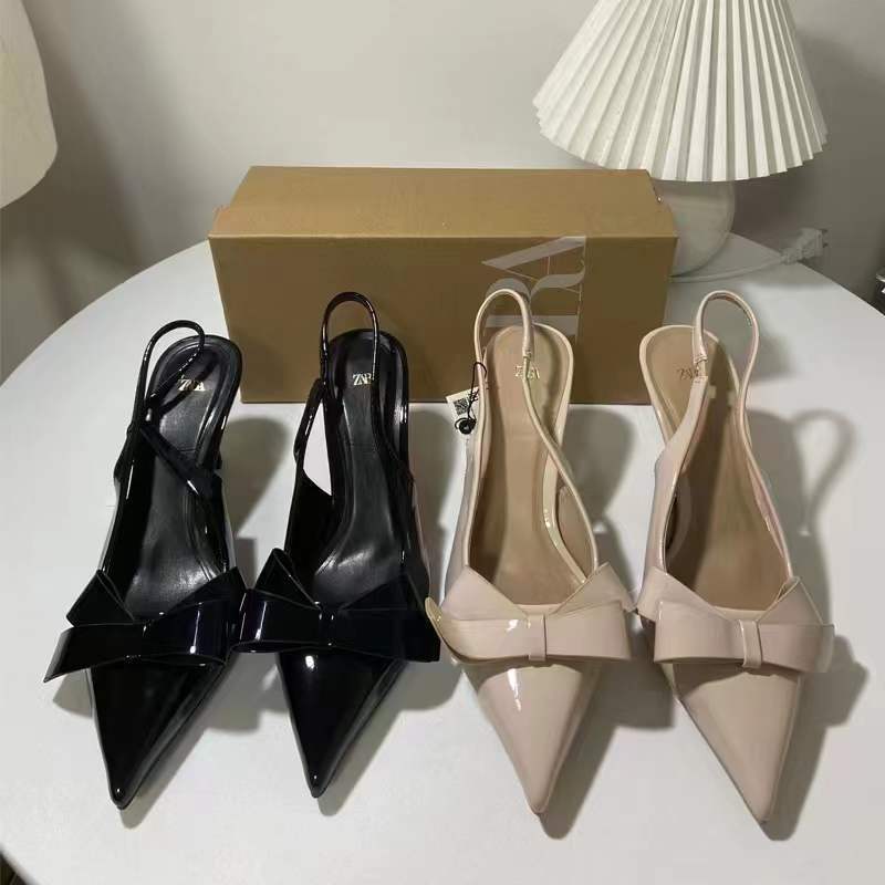 JHC-HB-218 | Patent Gloss Bow Detail Pointed-Toe Stiletto Heel Mule Slide - Fujian Jinhongchang Sports Goods Co., Ltd.